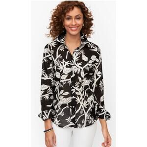 Talbots Size M Cotton Button Front Shirt Tropical Panther Black White Collared